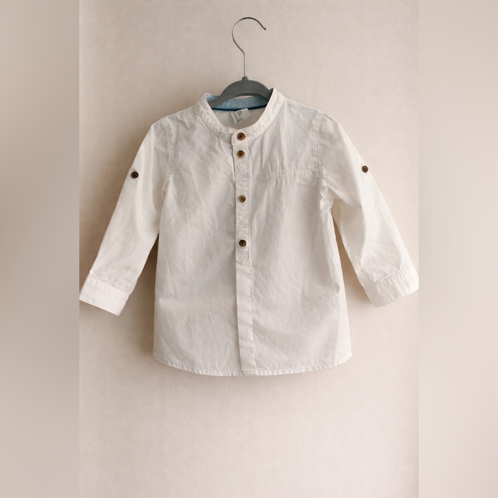 H&M White Cotton Button-Down Shirt | 12-18M | Roll Tab Sleeves